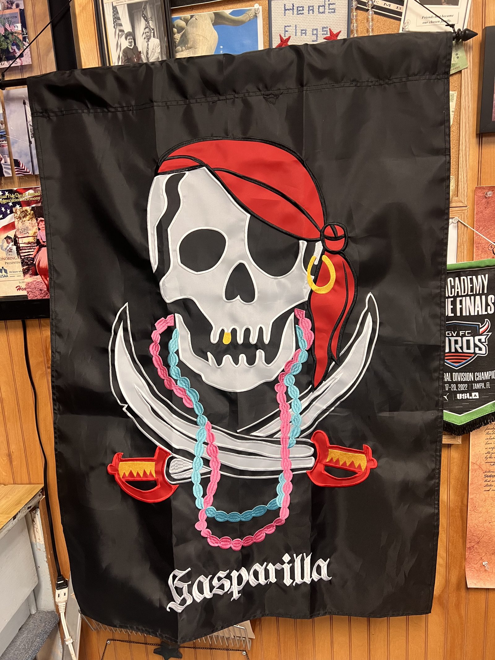 Sewn appliqué Gasparilla bead pirate flag made by Head's Flags
