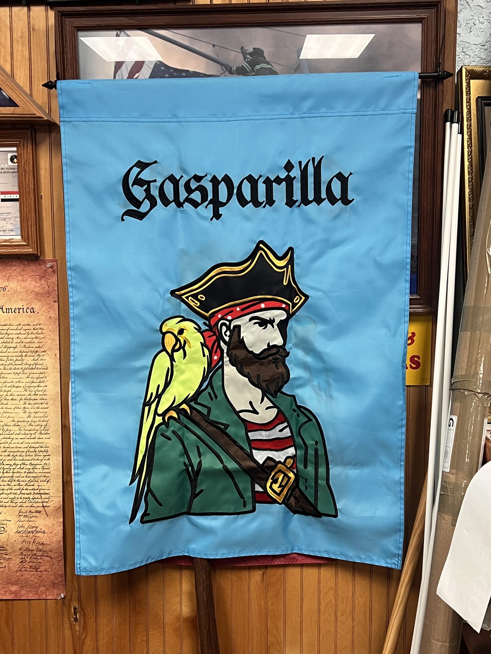 Sewn pirate and parrot Gasparilla house banner