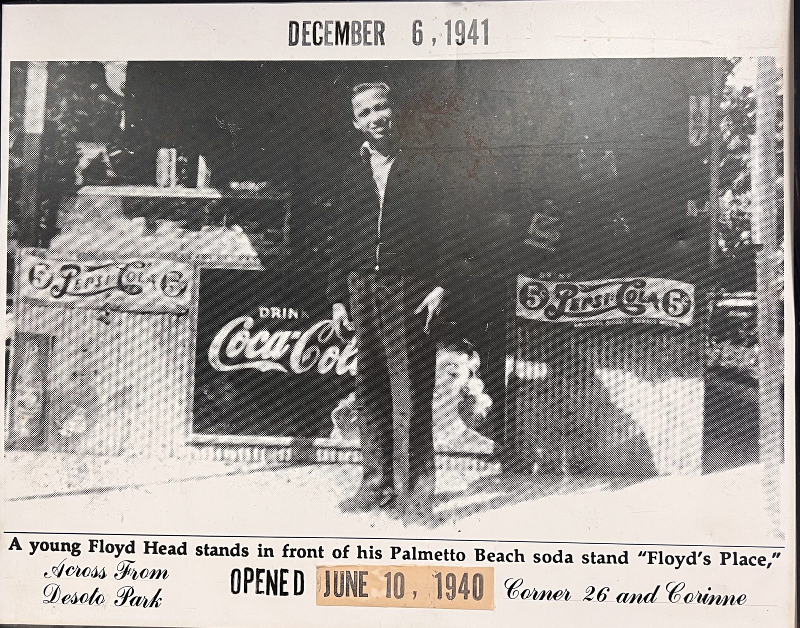 A young Floyd Head in front of Floyd's Place, his Palmetto Beach soda stand, December 6, 1941