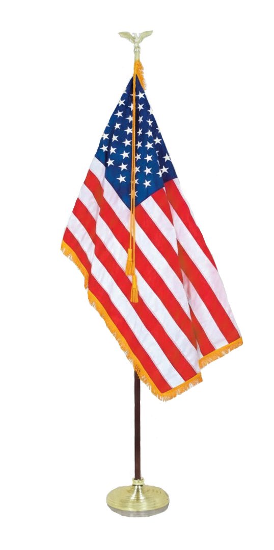 Indoor U.S. flag set with gold fringe and eagle finial