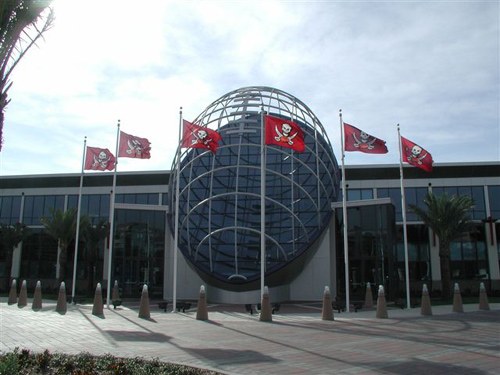 Buccaneers flags flying at the team headquarters