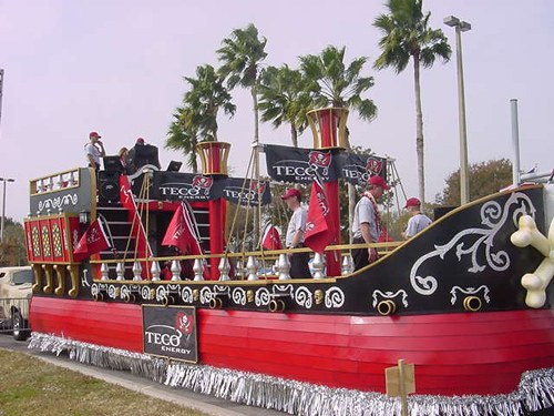 TECO Gasparilla float dressed with Head's Flags banners