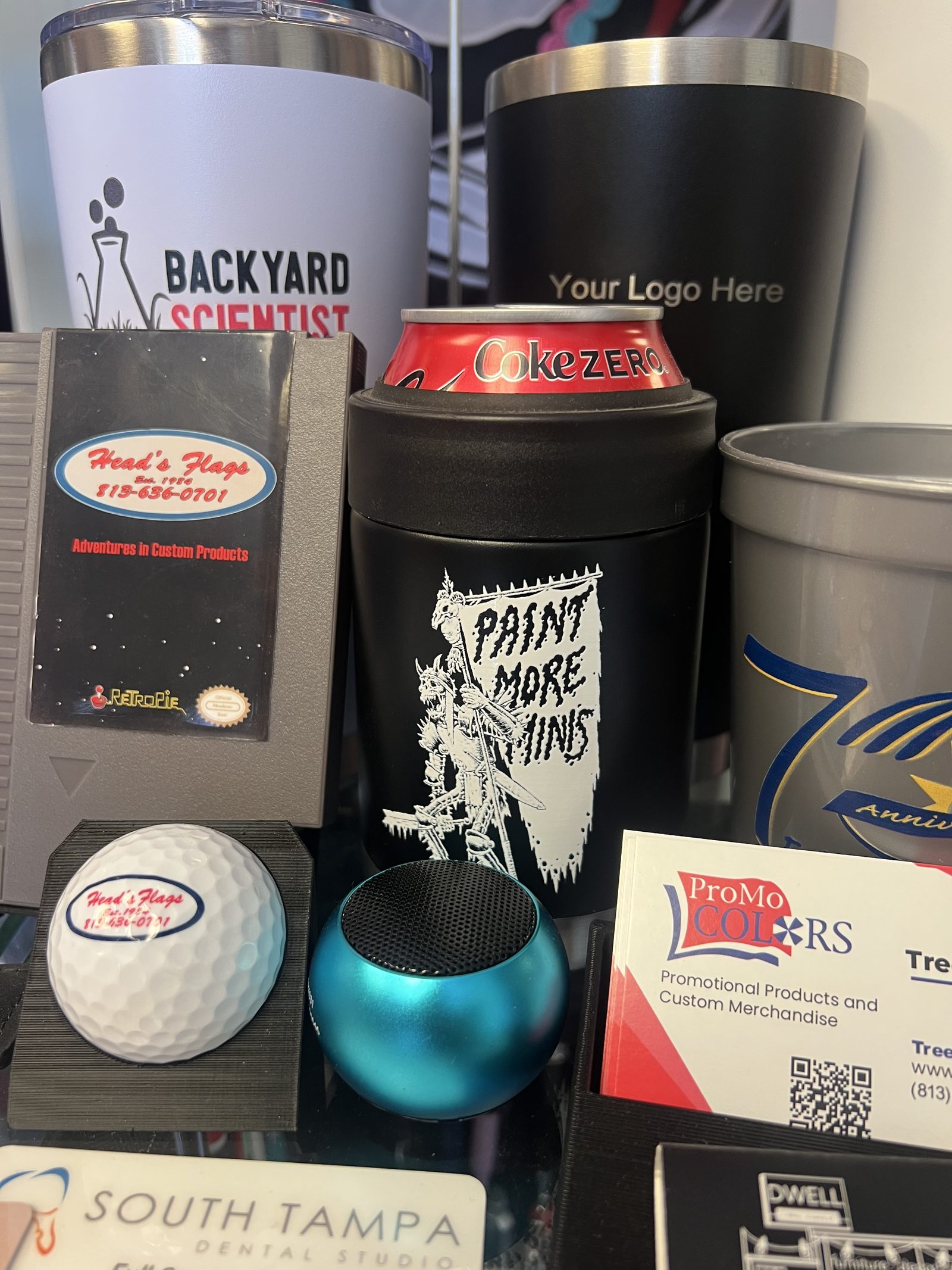 Engraved tumblers, golf balls and branded merchandise