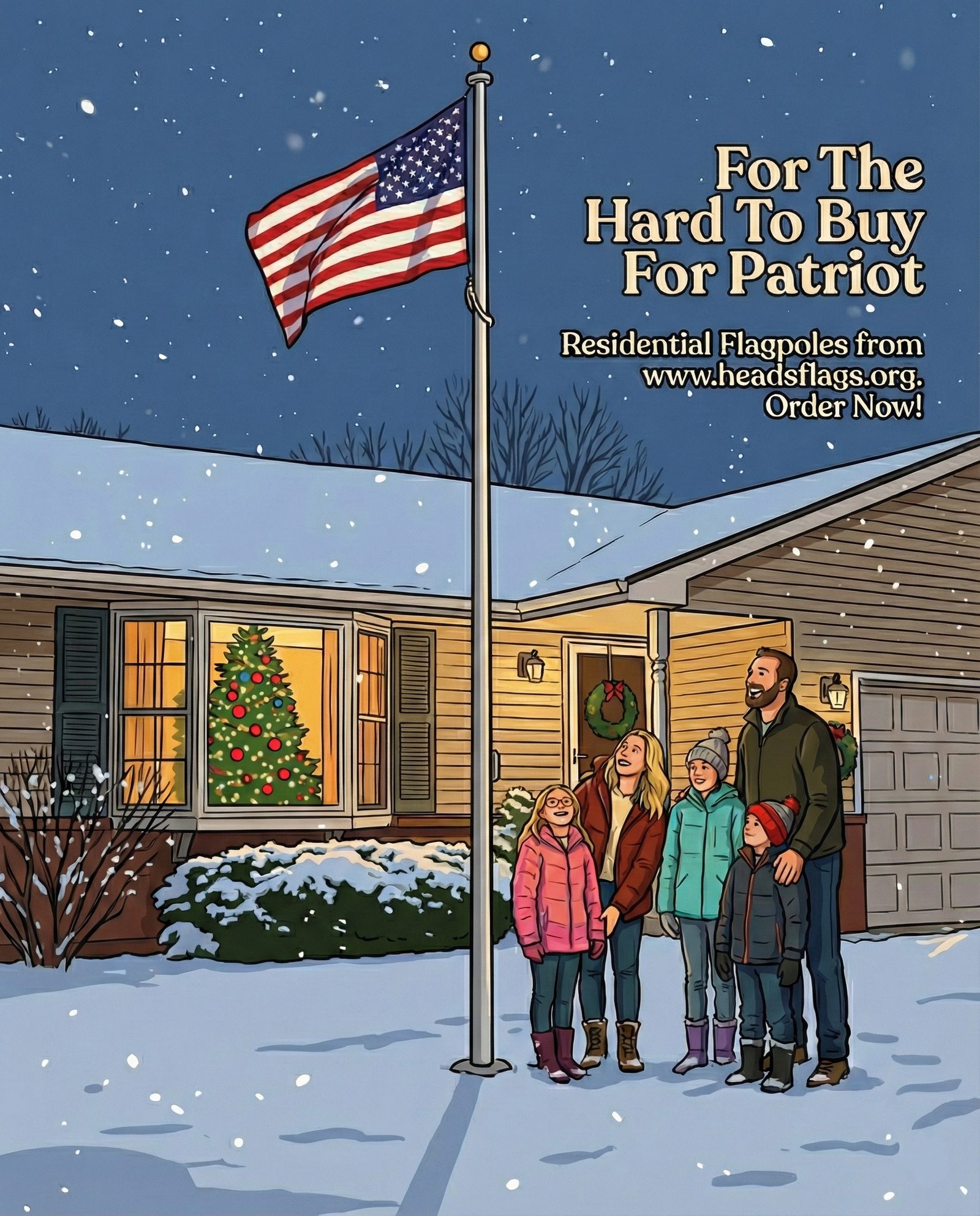 Family beside a residential flagpole in front of their home